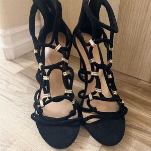 Aldo Black and Gold Strappy Heels
